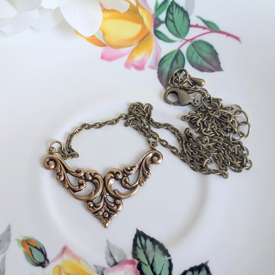 Antiqued Brass Filigree Choker Necklace – Cable Chain Vintage Style Jewelry, Gothic Victorian Inspired Accessory