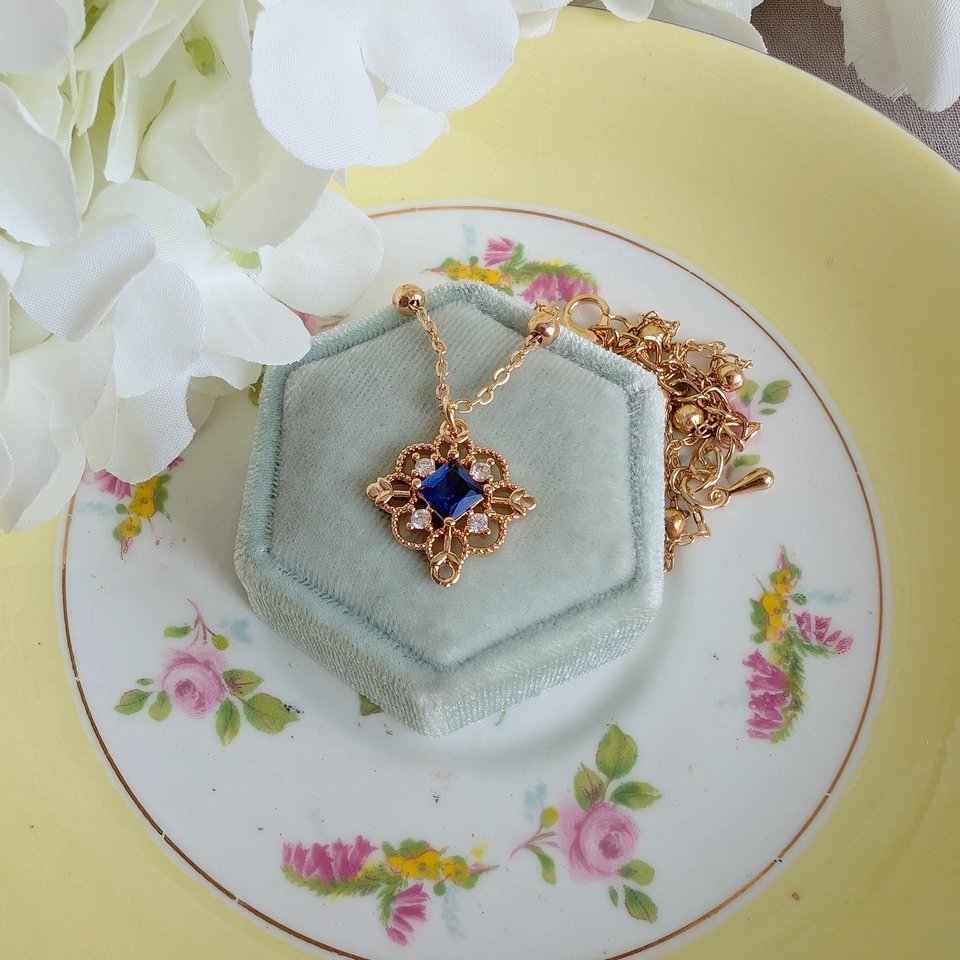 Gold Plated Filigree Necklace, Vintage Style Pendant with Red, Green or Blue Cubic Zirconia, Victorian Jewelry Gift for Bridesmaid