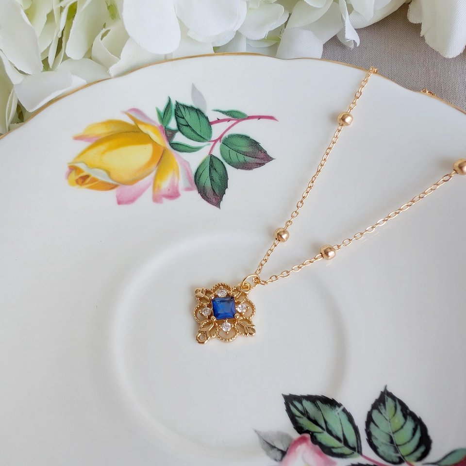 Gold Plated Filigree Necklace, Vintage Style Pendant with Red, Green or Blue Cubic Zirconia, Victorian Jewelry Gift for Bridesmaid