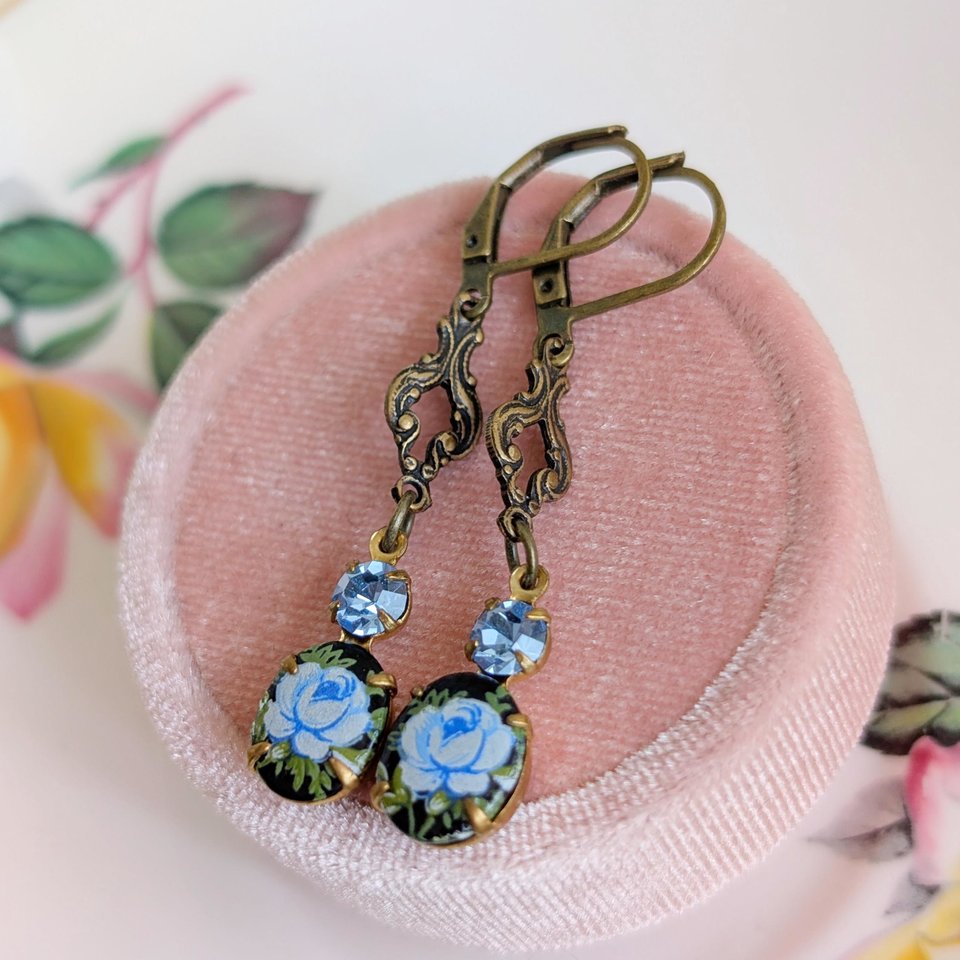 Blue Flower Limoges Style Earrings – Antiqued Brass with Czech Crystal Accents, Victorian Jewelry for Historical Fiction Lover