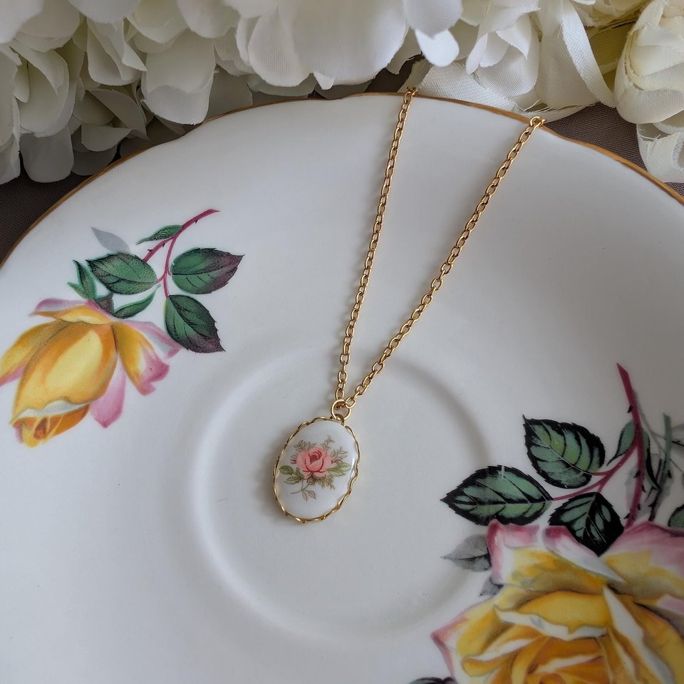 Regency Pink Rose Necklace, Vintage Inspired, Historical Costume Jewelry