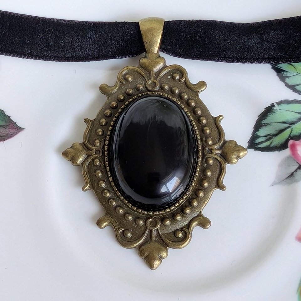 Black Obsidian Gothic Choker Necklace – Oval Stone Pendant in Bronze or Silver Vintage Setting on Black Velvet Ribbon