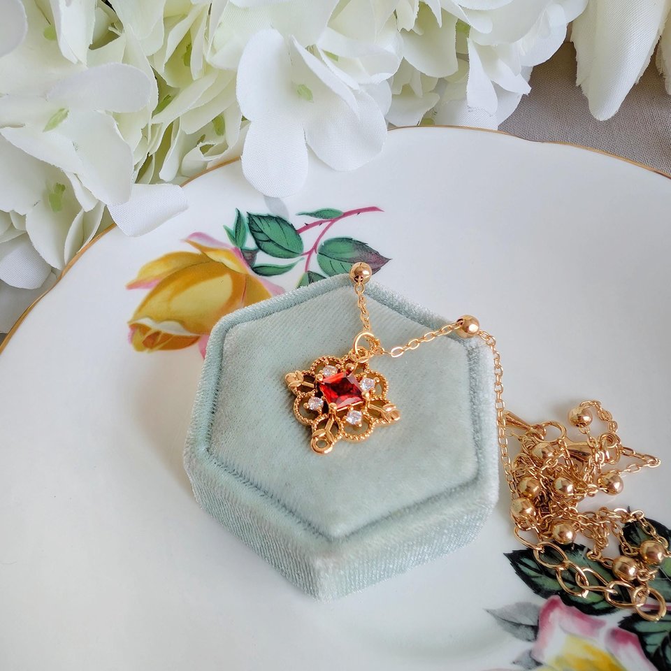 Gold Plated Filigree Necklace, Vintage Style Pendant with Red, Green or Blue Cubic Zirconia, Victorian Jewelry Gift for Bridesmaid