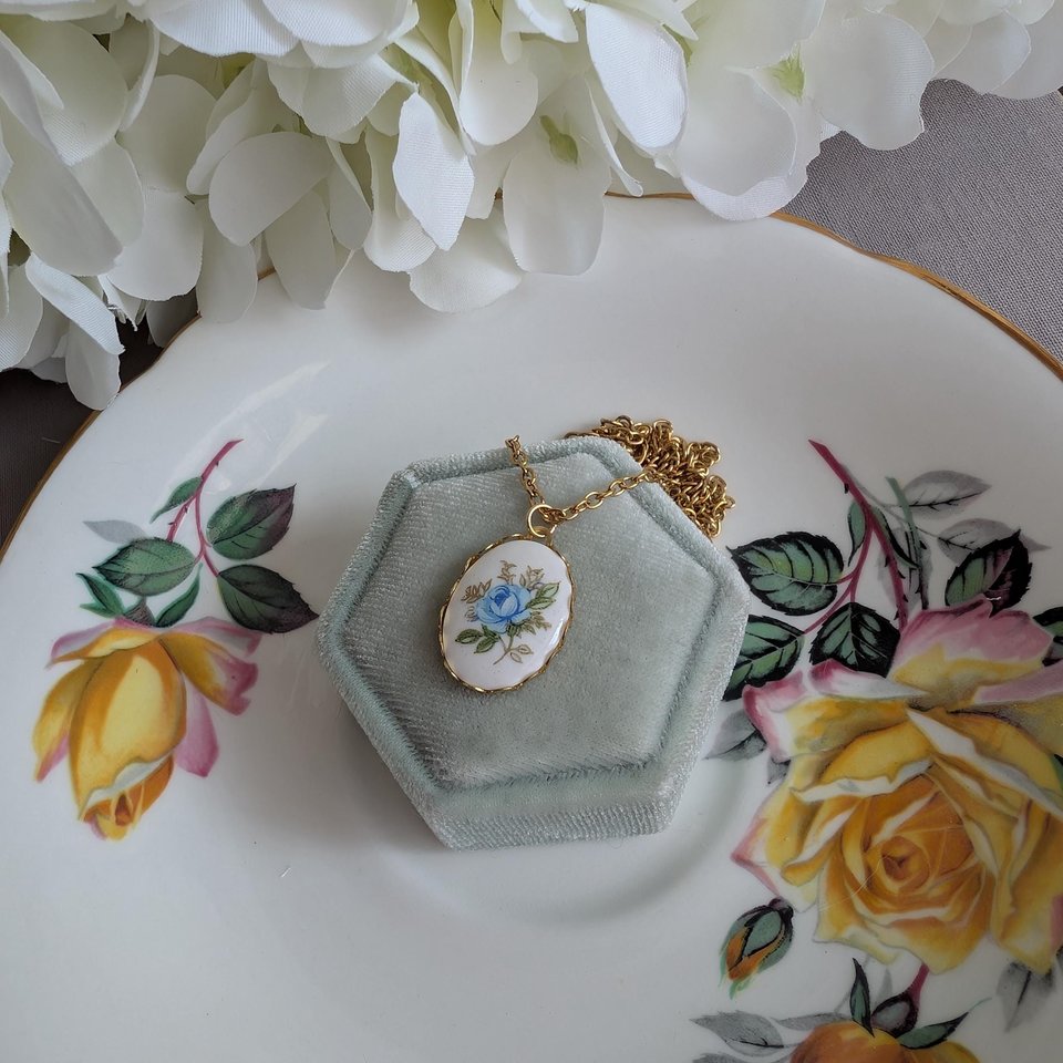 Regency Blue Rose Necklace, Vintage Inspired, Historical Costume Jewelry