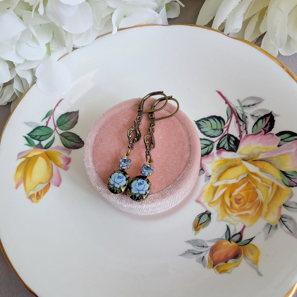 Blue Flower Limoges Style Earrings – Antiqued Brass with Czech Crystal Accents, Victorian Jewelry for Historical Fiction Lover