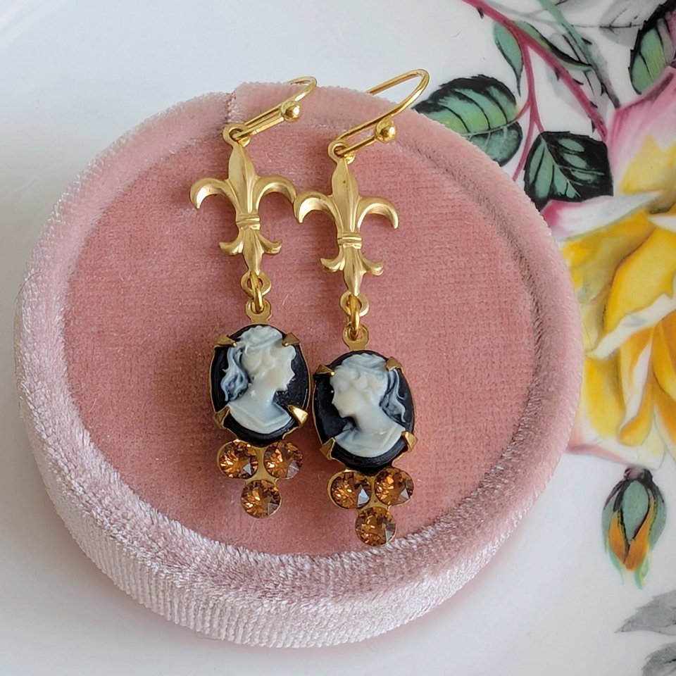 Victorian Style Cameo Earrings, White on Black with Fleur de Lis and Cognac Crystal Accents