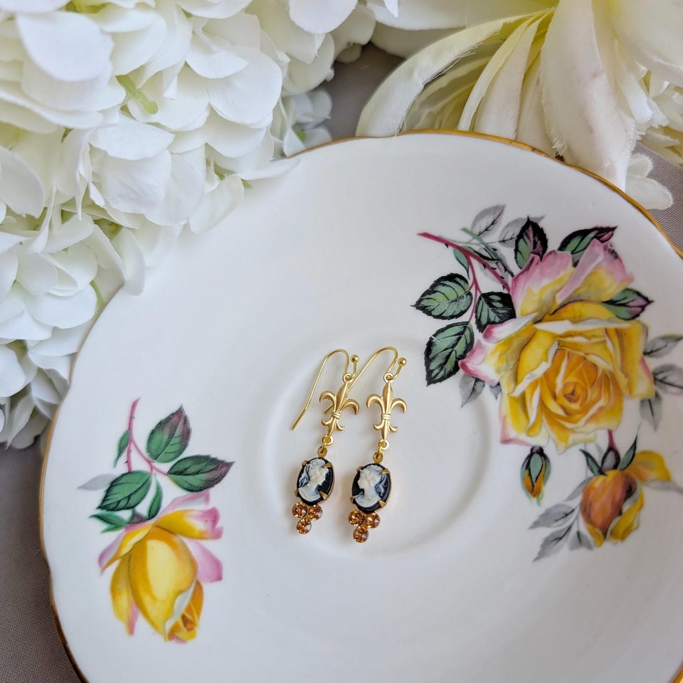 Victorian Style Cameo Earrings, White on Black with Fleur de Lis and Cognac Crystal Accents