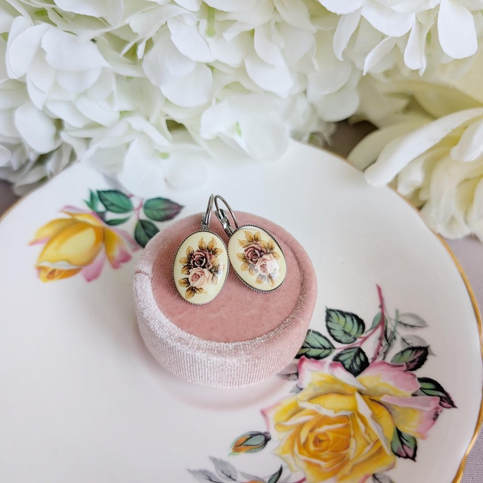 Limoges Inspired Rose Earrings, Vintage Floral Lever Back Earrings in Brass, Silver or Matte Black