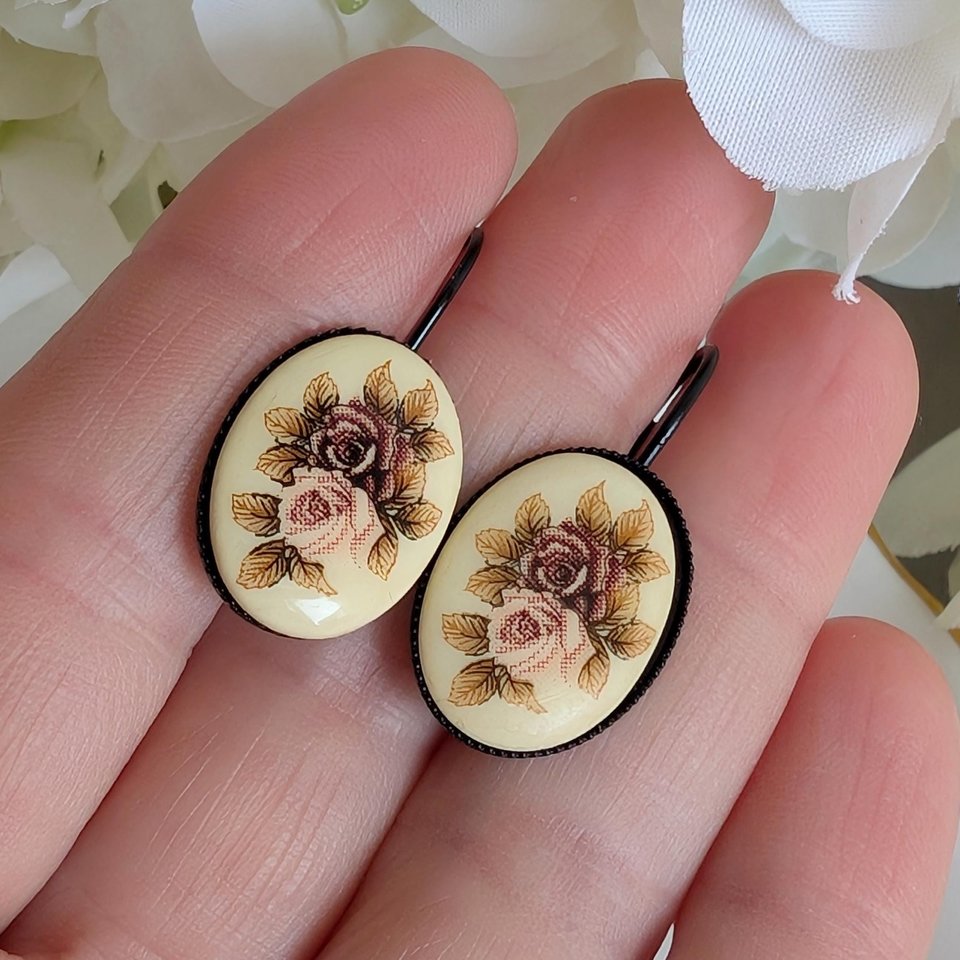 Limoges Inspired Rose Earrings, Vintage Floral Lever Back Earrings in Brass, Silver or Matte Black