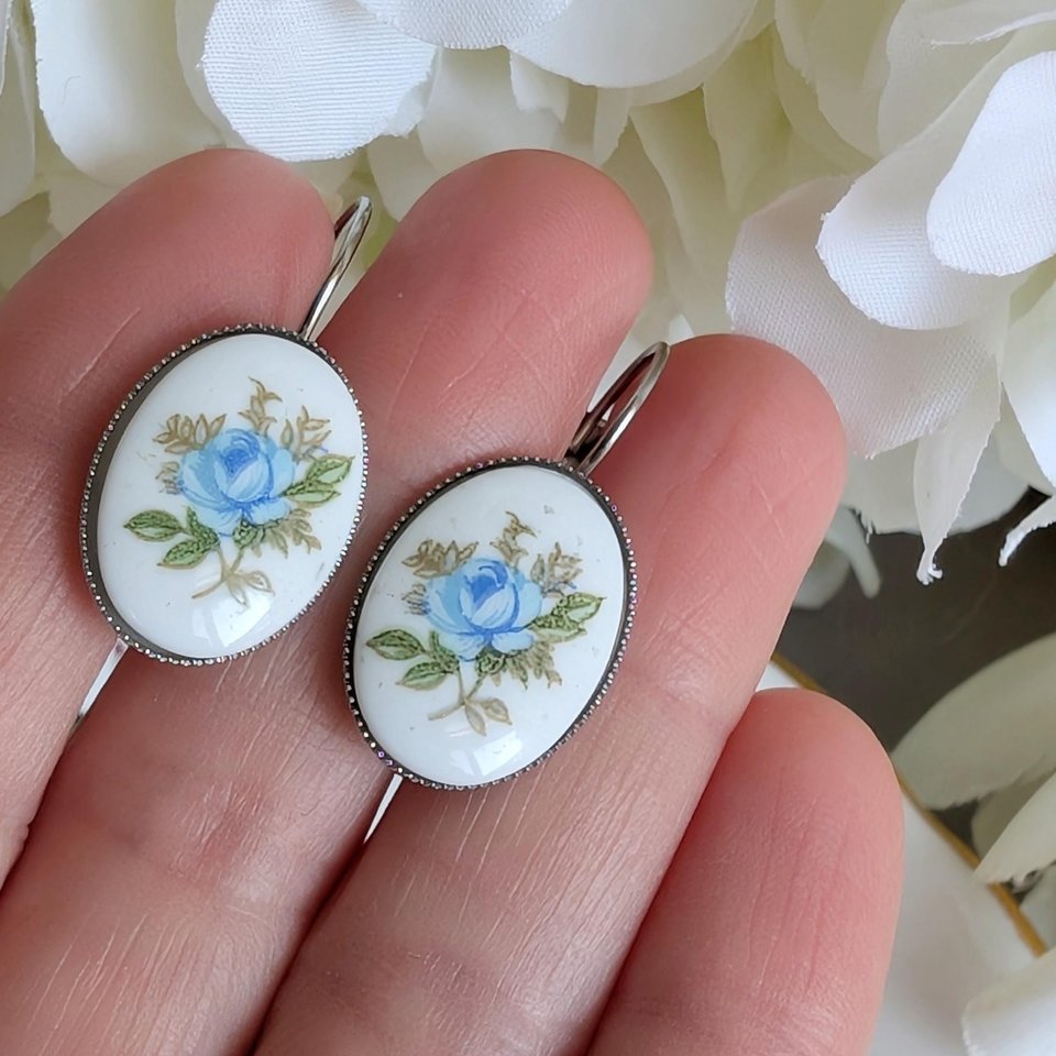 Limoges Inspired Blue Rose Earrings, Vintage Floral Lever Back Earrings in Brass, Silver or Matte Black