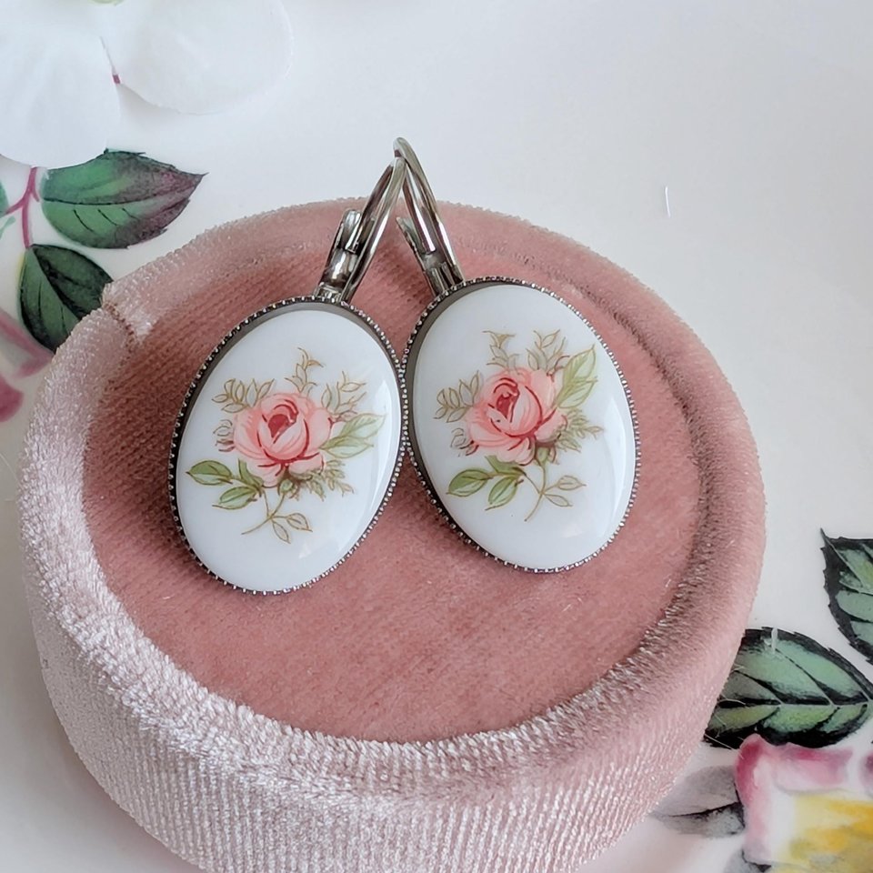 Limoges Inspired Pink Rose Earrings, Vintage Floral Lever Back Earrings in Brass, Silver or Matte Black