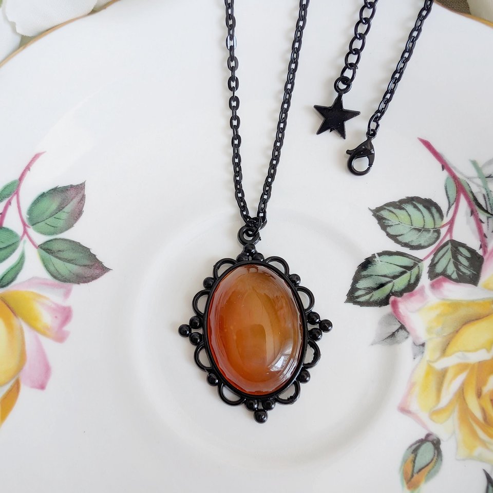 Oval Carnelian Necklace, Gothic Lacy Black Pendant, Natural Red Gemstone, Vintage Inspired Jewelry