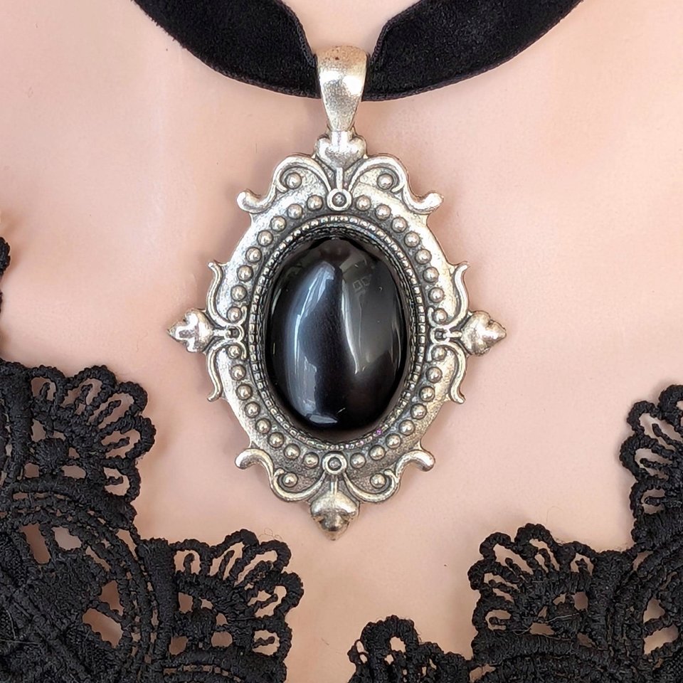 Gothic Black Obsidian Choker Necklace – Oval Stone Pendant in Silver Vintage Setting on Black Velvet Ribbon