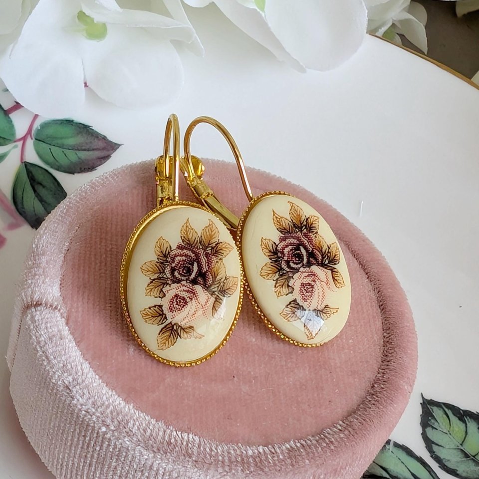 Limoges Inspired Rose Earrings, Vintage Floral Lever Back Earrings in Brass, Silver or Matte Black