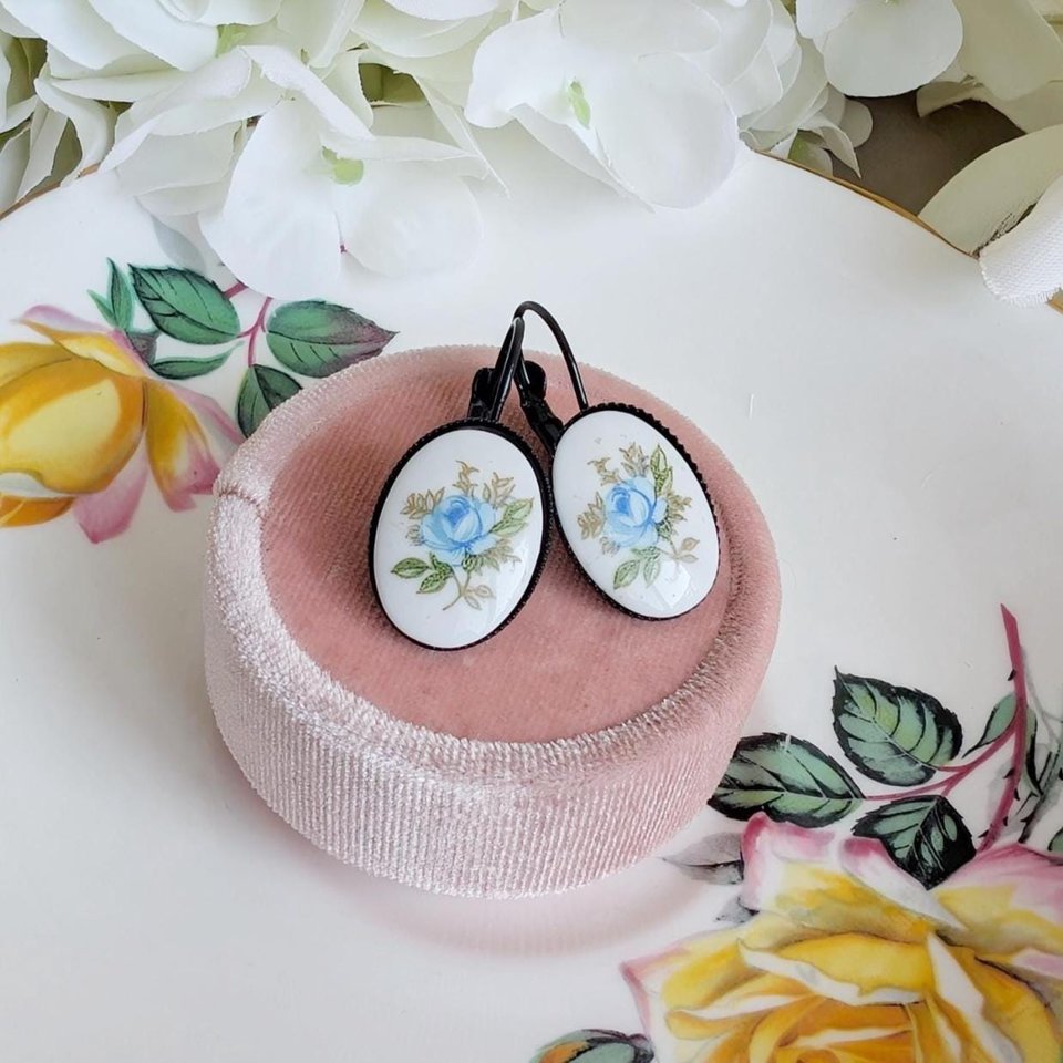 Limoges Inspired Blue Rose Earrings, Vintage Floral Lever Back Earrings in Brass, Silver or Matte Black