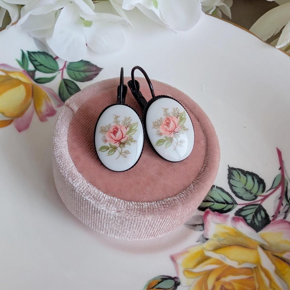 Limoges Inspired Pink Rose Earrings, Vintage Floral Lever Back Earrings in Brass, Silver or Matte Black