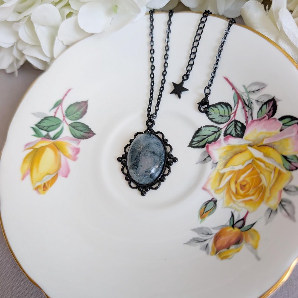 Oval Moss Agate Necklace, Gothic Lacy Black Pendant, Natural Green Gemstone, Vintage Inspired Jewelry
