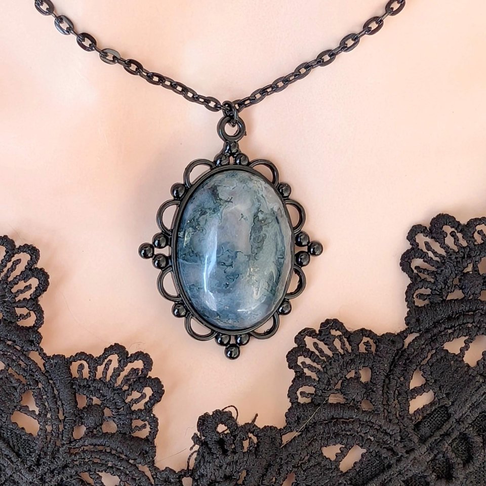 Oval Moss Agate Necklace, Gothic Lacy Black Pendant, Natural Green Gemstone, Vintage Inspired Jewelry