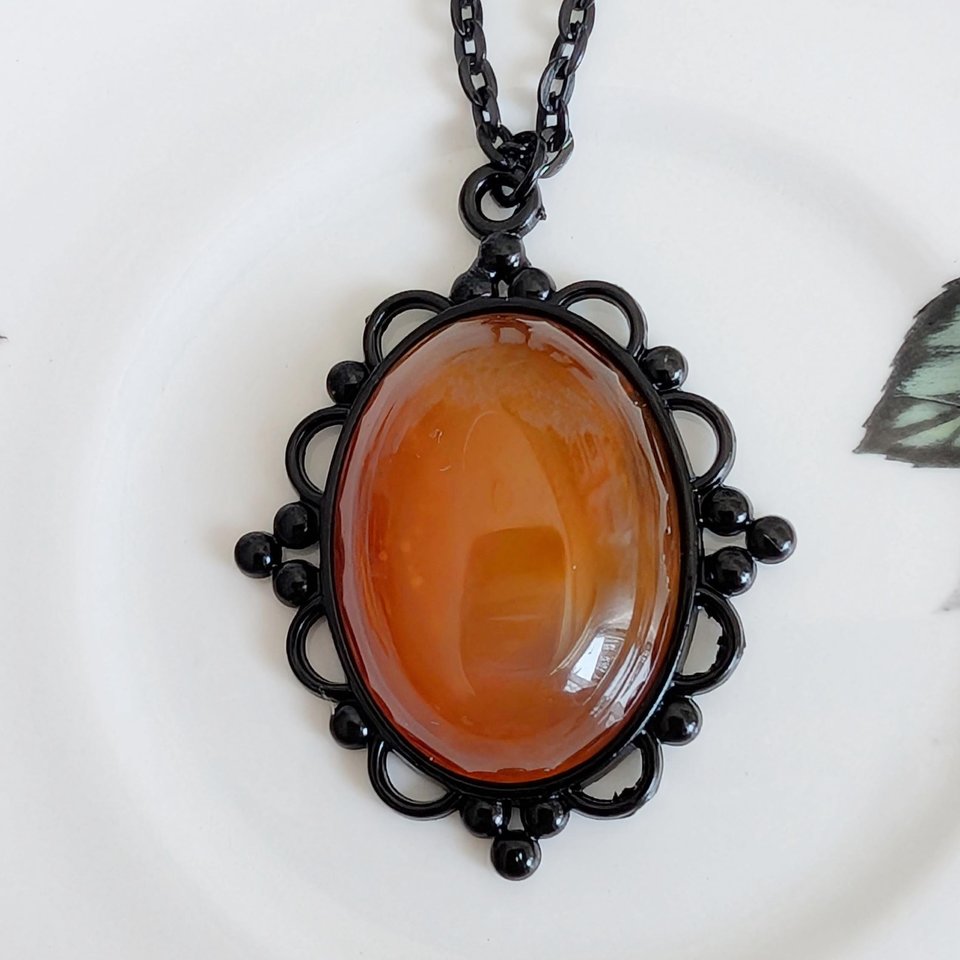 Oval Carnelian Necklace, Gothic Lacy Black Pendant, Natural Red Gemstone, Vintage Inspired Jewelry