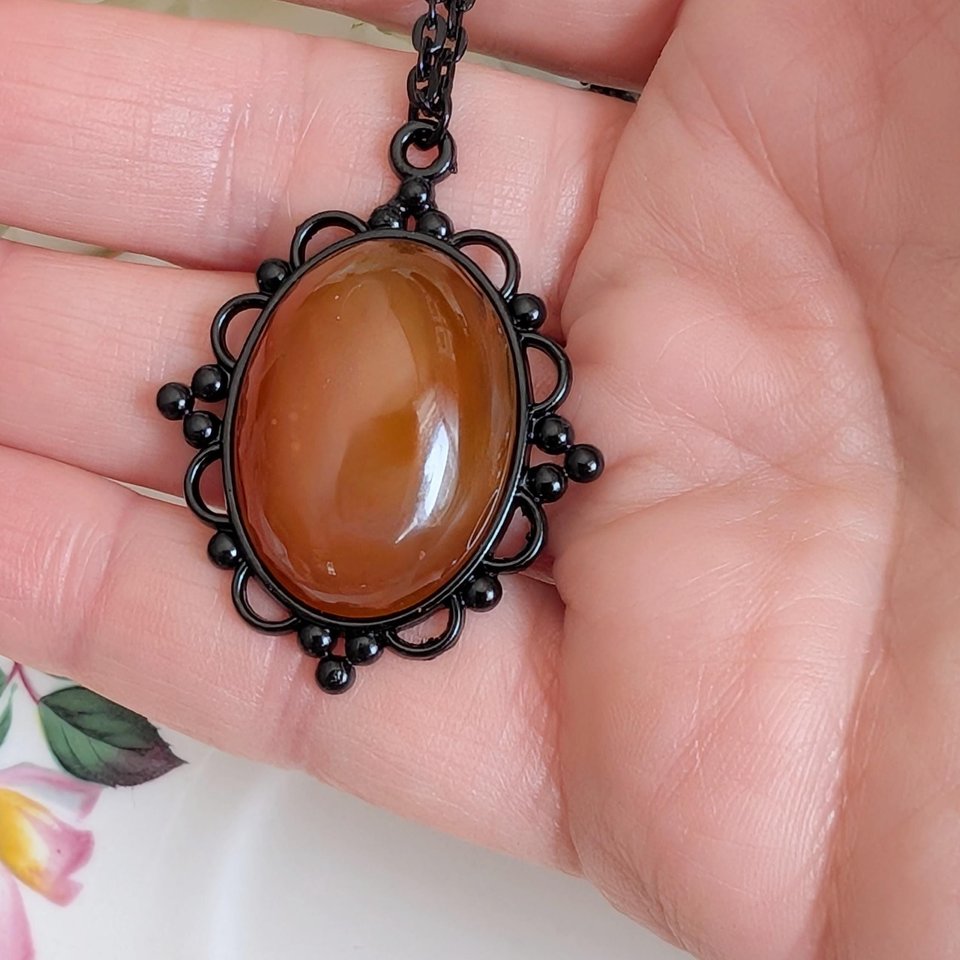 Oval Carnelian Necklace, Gothic Lacy Black Pendant, Natural Red Gemstone, Vintage Inspired Jewelry