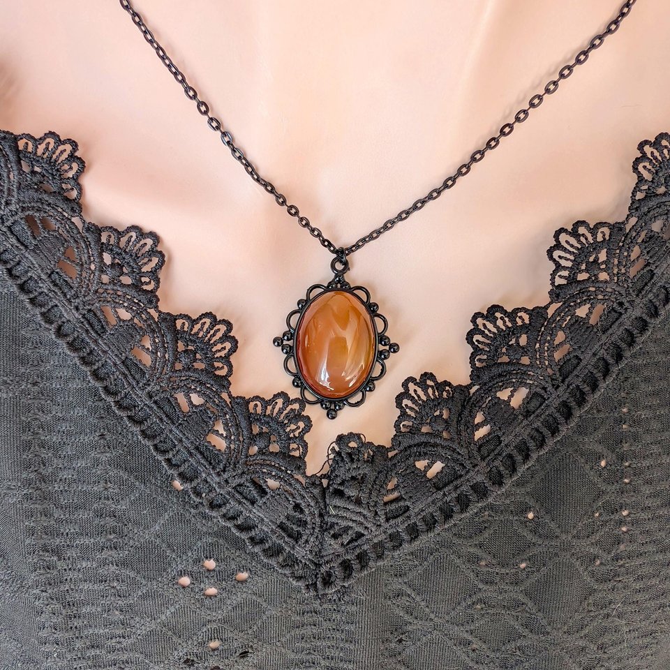 Oval Carnelian Necklace, Gothic Lacy Black Pendant, Natural Red Gemstone, Vintage Inspired Jewelry