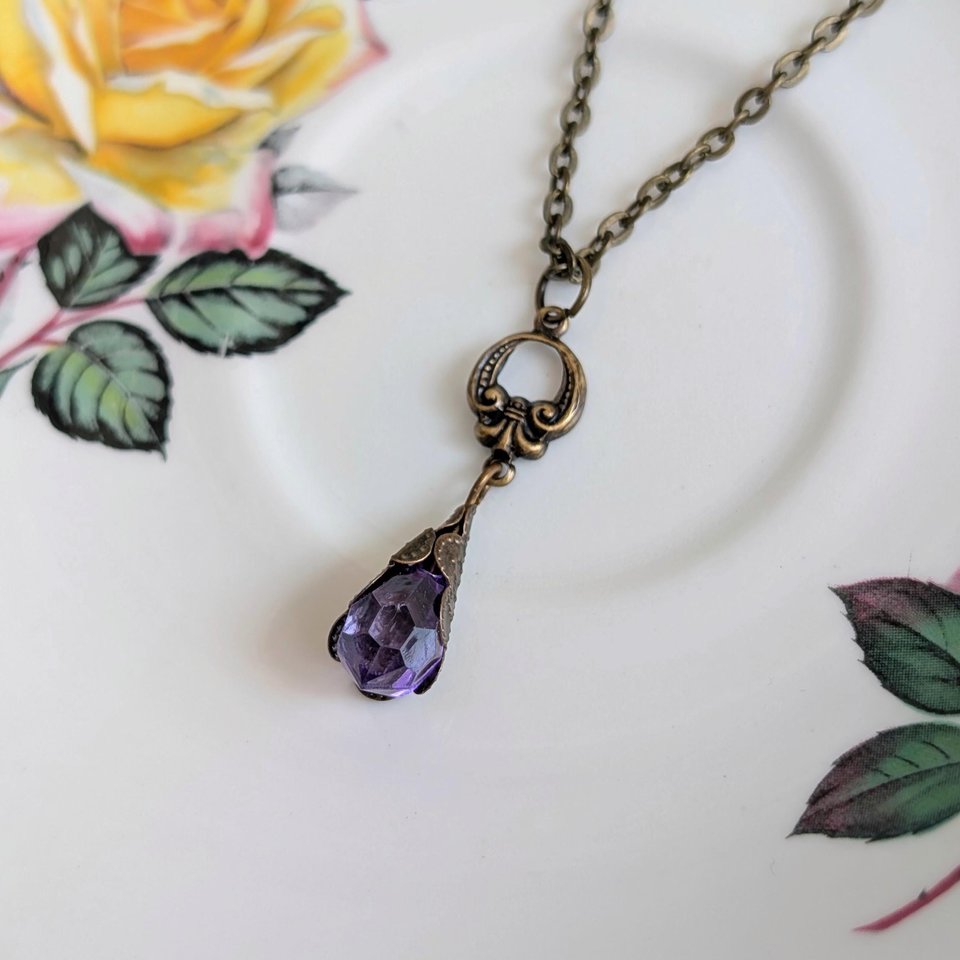 Purple Faceted Glass Pendant, Antique Brass Filigree Necklace, Vintage Romantic Jewelry