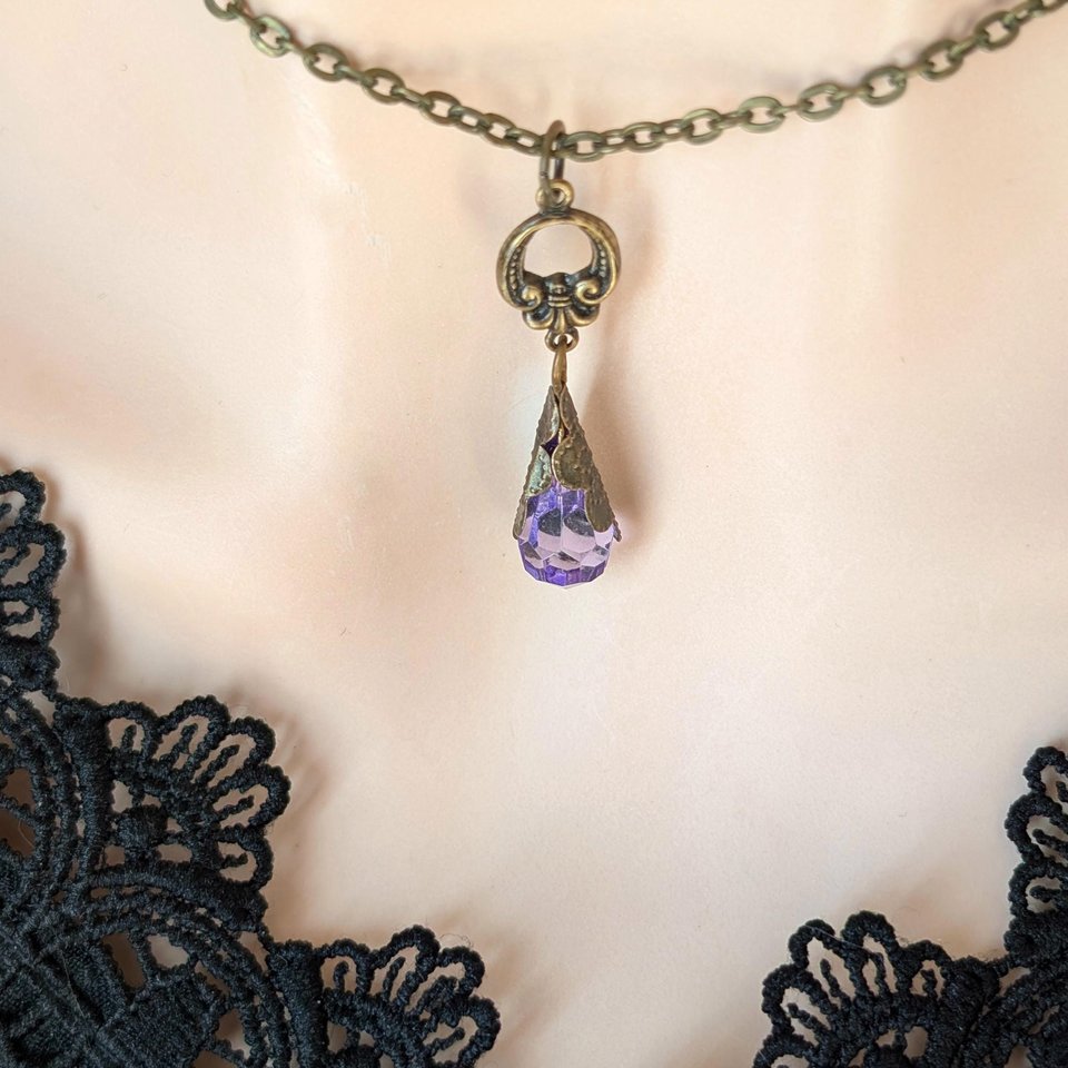 Purple Faceted Glass Pendant, Antique Brass Filigree Necklace, Vintage Romantic Jewelry