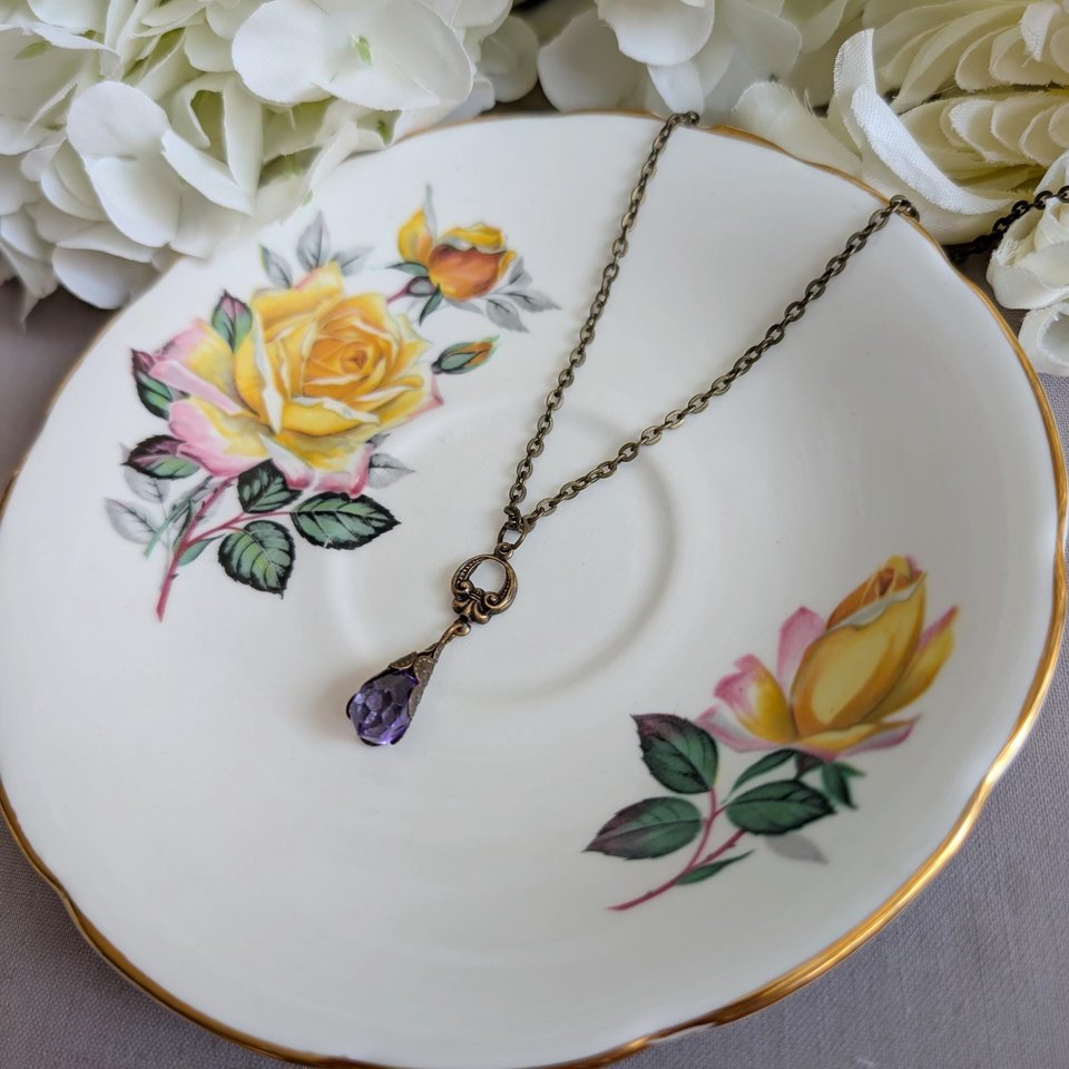 Purple Faceted Glass Pendant, Antique Brass Filigree Necklace, Vintage Romantic Jewelry