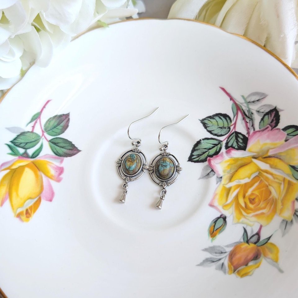 Scarab Earrings with Silver Ox Leaf Frame Pendants, Art Deco Jewelry with Egyptian Inspiration