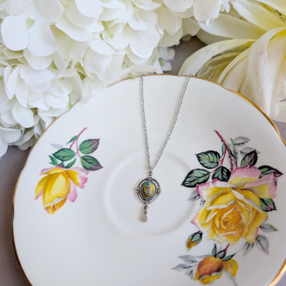 Scarab Necklace with Silver Ox Leaf Frame Pendant, Art Deco Jewelry with Egyptian Inspiration