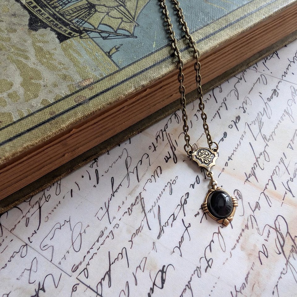 Onyx Necklace in Antiqued Brass, Historical Costume Jewelry, Black Stone Pendant