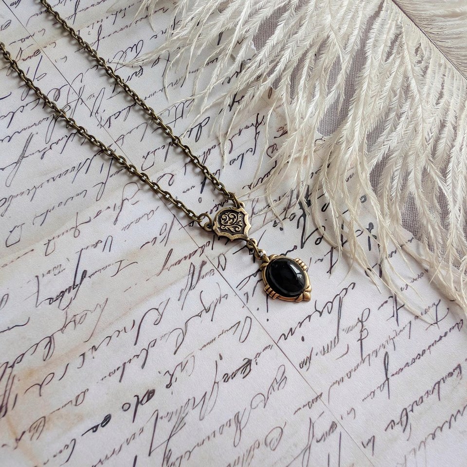 Onyx Necklace in Antiqued Brass, Historical Costume Jewelry, Black Stone Pendant