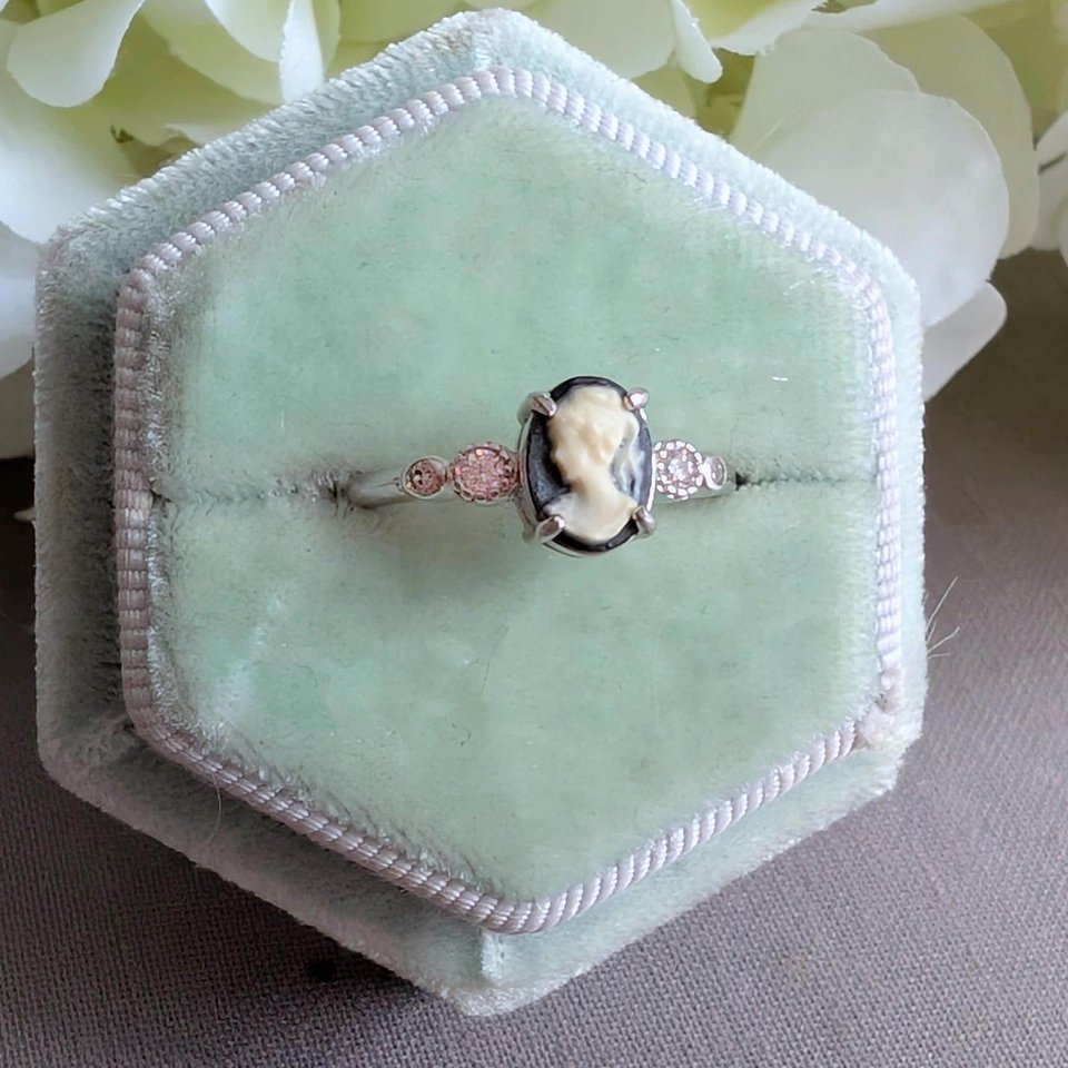 Dainty Cameo Ring with Cubic Zirconia, Sterling Silver Jewelry, Adjustable Size