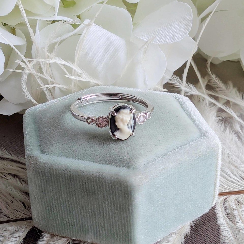 Dainty Cameo Ring with Cubic Zirconia, Sterling Silver Jewelry, Adjustable Size