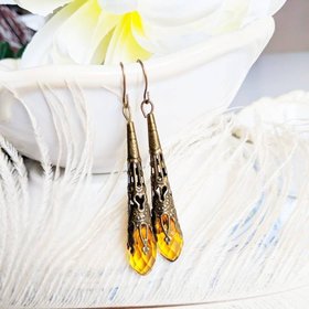 Vintage Style Earrings, Long Yellow Earrings, Bronze Filigree Jewelry, November Birthday Gift, Unique Gifts for Her