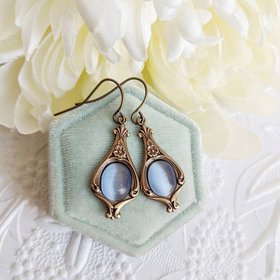 Sky blue earrings, light blue dangle earrings, vintage style golden earrings, something blue for bride jewelry, gift for her
