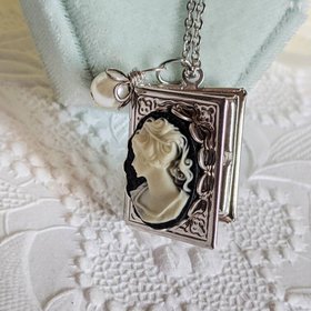 Book Locket Necklace with Lady Cameo, Victorian Style Cameo Jewelry, Book Lover Gift, Teacher Gift, Librarian Gift Idea