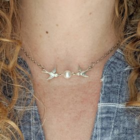 Silver Bird Necklace with Pearl, Flying Swallow Choker, Bride Jewelry for Wedding Day, June Birthday Gift 