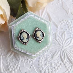 Art Deco Cameo Earrings, Black and Ivory Studs, Stainless Steel Hypoallergenic Posts