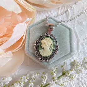 Green Cameo Necklace, Oval Victorian Pendant, Historical Costume Jewelry