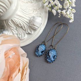 Blue Cameo Earrings, Victorian Earrings, Romantic Jewelry, Vintage Style, Cottage Core, Something Blue for Bride, Gift for Her