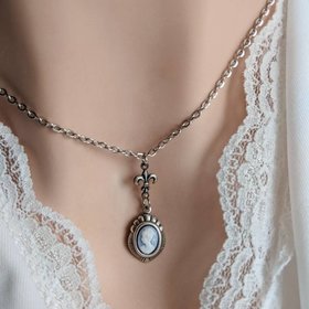 Dainty Blue Cameo Necklace, Silver Art Deco Pendant, Vintage Style Fleur De Lis Jewelry Gift for Her