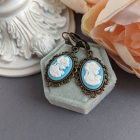 Turquoise Cameo Earrings, Victorian Lady Cameo Earrings, Romantic Earrings, Bride Earrings Vintage Style Wedding Jewelry, Historical Costume