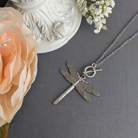 Silver Dragonfly Necklace with Toggle Closure, Minimalist Jewelry Pendant