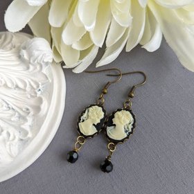 Black Cameo Earrings with Black Beads, Gothic Victorian Jewelry, Antique Replica Earrings