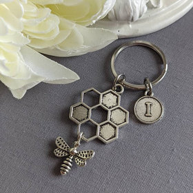 Honeycomb and Bee Keychain, Honeybee Key Ring, Personalized Gift for Her, Add an Initial Key Chain, Bee Lover Gft