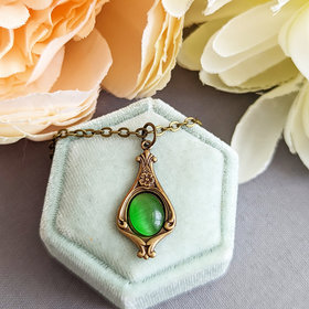 Victorian Necklace, Emerald Green Teardrop Pendant, May Birthday Jewelry Gift for Her