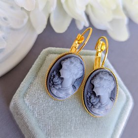 Blue Cameo Earrings, Vintage Portrait Earrings, Lever Back Earrings, Lady Cameo Earrings, Victorian Earrings, Light Academia Jewelry