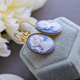 Blue Cameo Earrings, Lever Back Earrings, Lady Cameo, Victorian Era, Romantic Jewelry, Shabby Chic