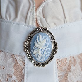 Cabbage Rose Cameo Brooch, Blue Victorian Jewelry Pin, Floral Cottage Core Accessories